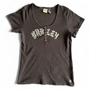 Vintage Y2K Harley Davidson Rhinestone Embellished Short Sleeve Henley T Shirt